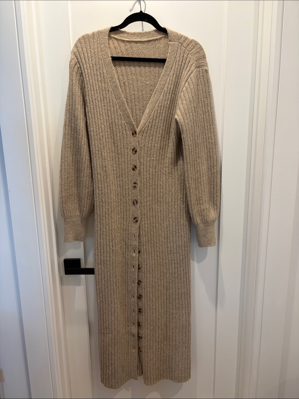 Beige Rib-Knit Button-Front Women's Maxi Cardigan/Sweater Dress